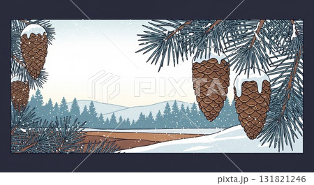 Pixel Art Winter Landscape with Snow Covered Pine Cones and Trees Graphic Illustration 131821246