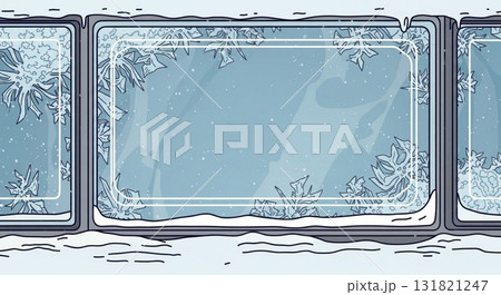 Icy Winter Scene with Snowflakes on Frosted Windows in Pale Blue Tones Illustration 131821247