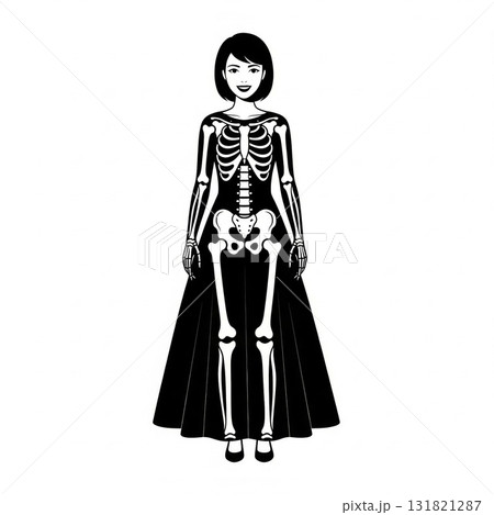 Woman Smiling Wearing Skeleton Dress Black Gown Over White Background 131821287
