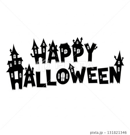 Halloween Silhouette Text Isolated on White Background with Spooky Mansion Elements Halloween Silhouette Text Isolated on White Background with Spooky Mansion Elements 131821346