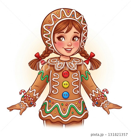 Gingerbread Girl with Braids Smiling in Festive Decorated Outfit on White Background 131821357