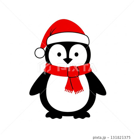 Festive Penguin Wearing Red Santa Hat and Scarf on White Background Graphic 131821375