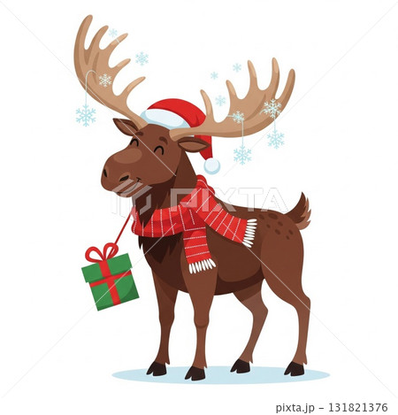Cartoon Brown Moose in Red Christmas Scarf Hat Holding Gift 131821376