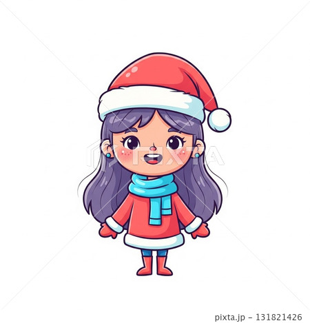 Cute Cartoon Girl Wearing Red Santa Hat and Blue Scarf on White Cute Cartoon Girl Wearing Red Santa Hat and Blue Scarf on White 131821426
