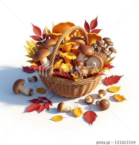 Wicker Basket Filled with Assorted Mushrooms and Autumn Leaves Isolated on White 131821524