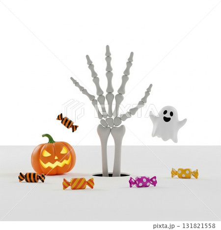 Halloween Scene with Orange Pumpkin and Candy against White Background Halloween Scene with Orange Pumpkin and Candy against White Background 131821558
