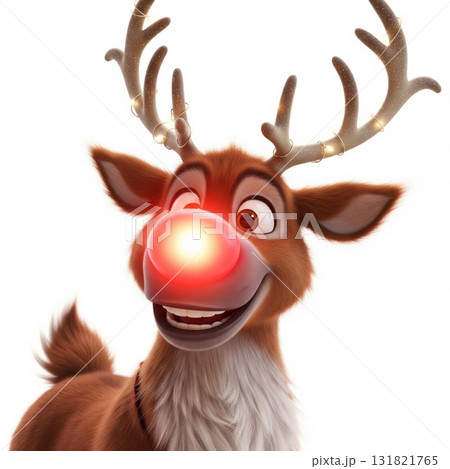Smiling Reindeer with Glowing Red Nose and Antlers Decorated with Light String Smiling Reindeer with Glowing Red Nose and Antlers Decorated with Light String 131821765