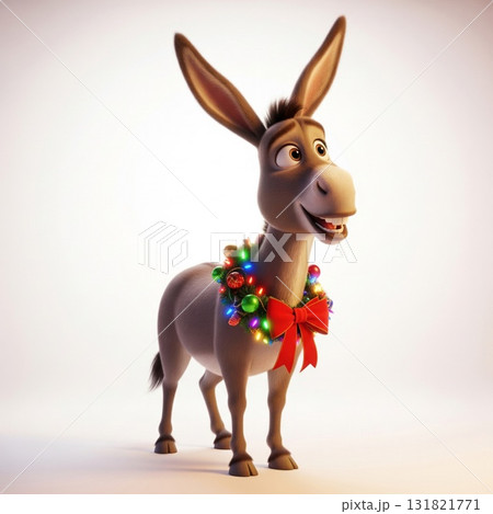 Animated Donkey with Christmas Wreath Isolated on White Background Festive Holiday Theme Animated Donkey with Christmas Wreath Isolated on White Background Festive Holiday Theme 131821771