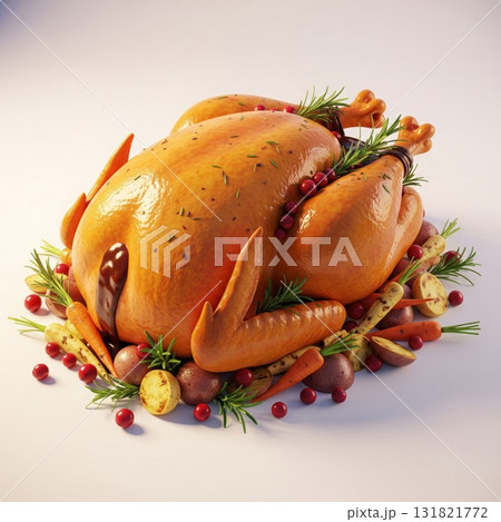 Roasted Turkey with Vegetables and Cranberries on White Background for Thanksgiving 131821772