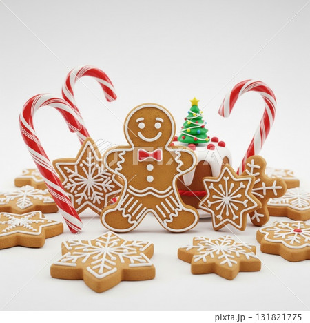 Festive Gingerbread Man and Snowflake Cookies with Candy Canes on White Background 131821775