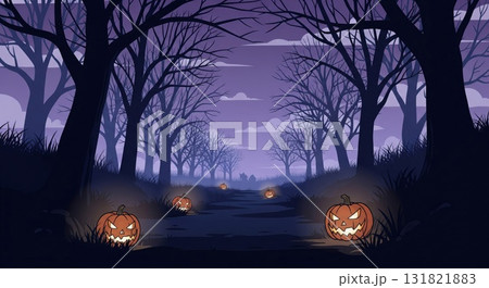 Pixel Art Halloween Pathway with Jack O Lanterns and Dark Bare Trees in a Purple Sky Pixel Art Halloween Pathway with Jack O Lanterns and Dark Bare Trees in a Purple Sky 131821883
