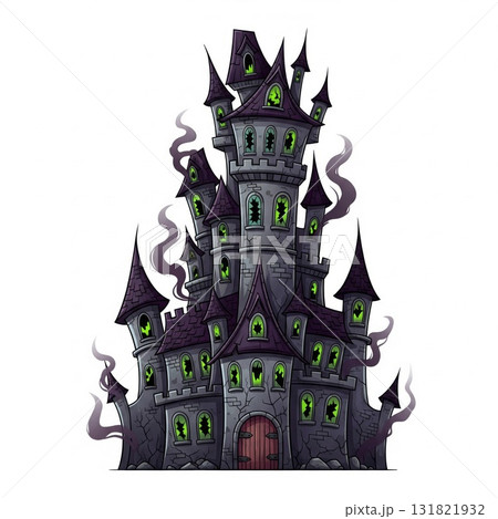 Spooky Pixelated Castle with Green Windows and Dark Smokey Outlines on White 131821932