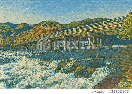 京都嵐山　渡月橋　桂川　版画調 131822197