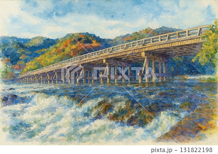 京都嵐山 渡月橋 桂川 水彩画 京都嵐山 渡月橋 桂川 水彩画 131822198