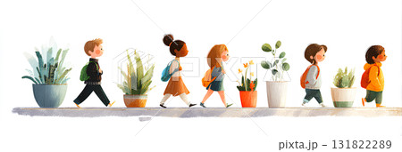 元気に歩く子供たち（手描き風イラスト） 131822289