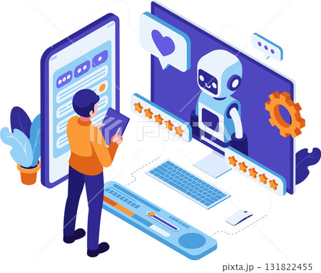 Isometric AI Powered Customer Support Interaction with User 131822455