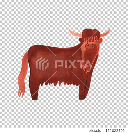 The Highland Cow is a Scottish breed of rustic cattle. Cow or Bull. Character for packaging, children's book and encyclopedia. Isolated watercolor illustration in retro style. Clipart. The Highland Cow is a Scottish breed of rustic cattle. Cow or Bull. Character for packaging, children's book and encyclopedia. Isolated watercolor illustration in retro style. Clipart. 131822591