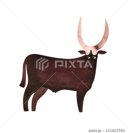 Ankole is the African cattle. Cow. Character for packaging, children's book and encyclopedia. Isolated watercolor illustration in retro style. Clipart. Ankole is the African cattle. Cow. Character for packaging, children's book and encyclopedia. Isolated watercolor illustration in retro style. Clipart. 131822592