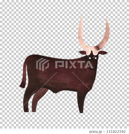 Ankole is the African cattle. Cow. Character for packaging, children's book and encyclopedia. Isolated watercolor illustration in retro style. Clipart. Ankole is the African cattle. Cow. Character for packaging, children's book and encyclopedia. Isolated watercolor illustration in retro style. Clipart. 131822592