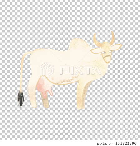 Malvi or Malavi, also Manthani or Mahadeopuri, is breed of zebu cattle, Indian cow. Character for packaging, children's book and encyclopedia. Isolated watercolor illustration in retro style. Clipart. 131822596