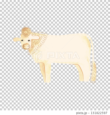 The Charolais Cow is a French breed of taurine beef cattle. Bull. Character for packaging, children's book and encyclopedia. Isolated watercolor illustration in retro style. Clipart. The Charolais Cow is a French breed of taurine beef cattle. Bull. Character for packaging, children's book and encyclopedia. Isolated watercolor illustration in retro style. Clipart. 131822597