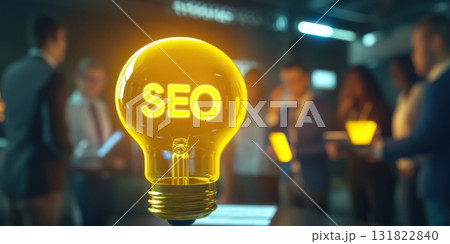Bright SEO light bulb shines in a networking event showcasing digital marketing strategies in an urban setting Bright SEO light bulb shines in a networking event showcasing digital marketing strategies in an urban setting 131822840