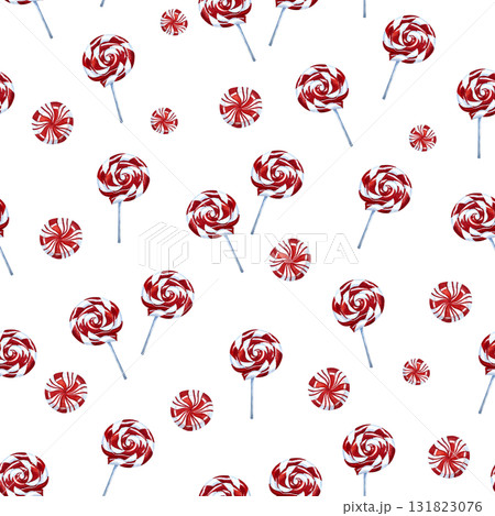 Watercolor lollipop and swirl candies seamless pattern. Cute Christmas sweet candy design. Good for wrapping paper, background, fabric. Watercolor lollipop and swirl candies seamless pattern. Cute Christmas sweet candy design. Good for wrapping paper, background, fabric. 131823076