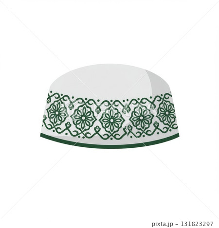 White Kufi Hat with Green Floral Embroidery 131823297