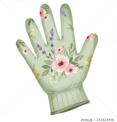 Green Gardening Gloves with Delicate Floral Watercolor Design 131823438