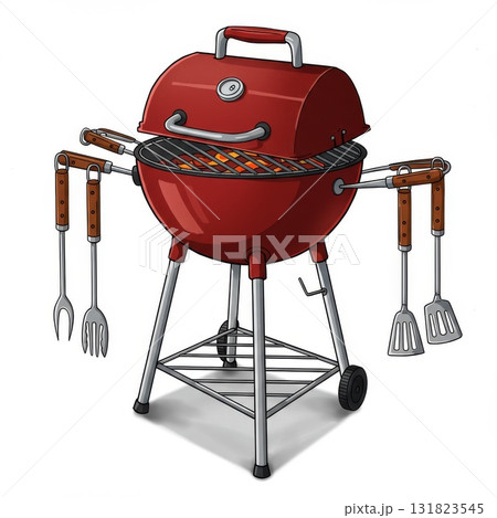 Red Kettle Grill with Utensils 131823545