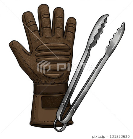 Brown Heat-Resistant Oven Glove and Metal Tongs Brown Heat-Resistant Oven Glove and Metal Tongs 131823620