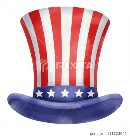 Watercolor Illustration of Patriotic Top Hat with Stars and Stripes 131823645