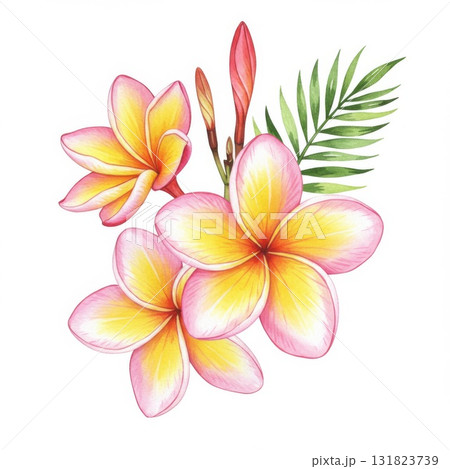 Watercolor Pink and Yellow Plumeria Flowers 131823739