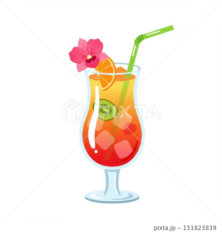 Red And Yellow Layered Tropical Cocktail With Fruit And Flower Garnish 131823839