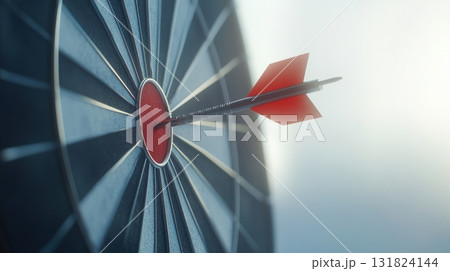 Target practice reveals precision with dart hitting bullseye in a calm indoor environment during daylight hours 131824144