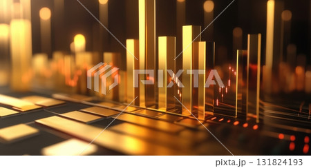 Abstract representation of sound waves and digital frequencies created with golden bars and lights in a dynamic visual display 131824193