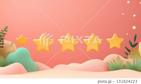 Colorful five-star rating graphic on a soft pink background with abstract foliage elements Colorful five-star rating graphic on a soft pink background with abstract foliage elements 131824223