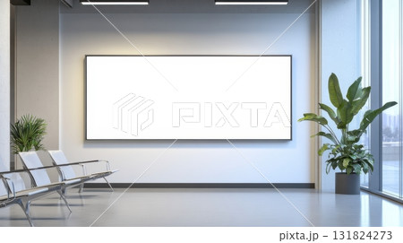Modern office interior featuring large blank screen and green plants in daytime setting Modern office interior featuring large blank screen and green plants in daytime setting 131824273