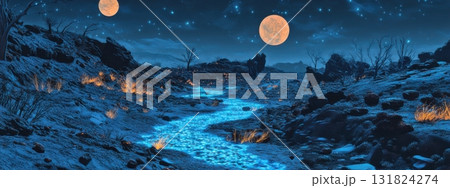 Mystical night landscape showcasing glowing river under two full moons in a starry sky Mystical night landscape showcasing glowing river under two full moons in a starry sky 131824274