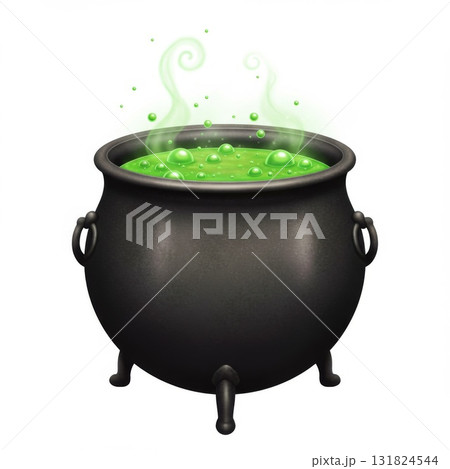 Black Cauldron with Bubbling Green Potion and Steam 131824544