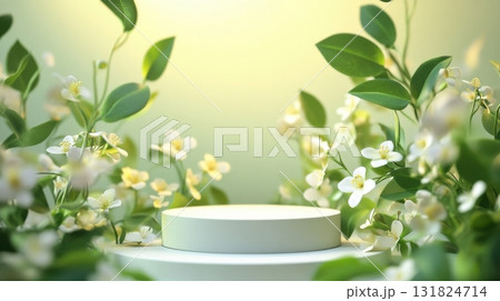 Elegant display podium surrounded by delicate white flowers and lush greenery in soft lighting Elegant display podium surrounded by delicate white flowers and lush greenery in soft lighting 131824714