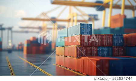 Stacked shipping containers awaiting transport at a busy cargo terminal in daylight 131824744