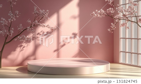 Soft pink interior space featuring a circular platform and cherry blossom trees under natural light 131824745
