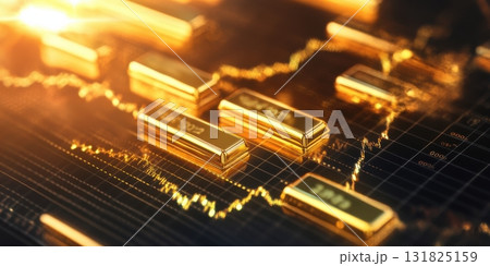 Gold bars and market trends showcase investment opportunities in finance and trading sectors during economic fluctuations 131825159