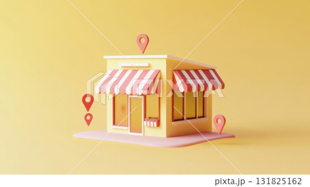Charming storefront with striped awning and location markers against a bright yellow background 131825162