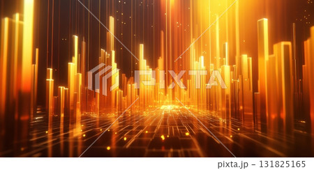 Dynamic display of golden light structures creates a futuristic landscape with vertical lines representing energy flow 131825165