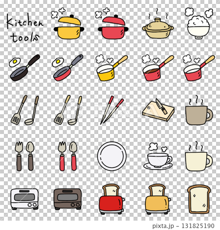 Simple and cute hand-drawn line kitchen utensil illustration set 131825190