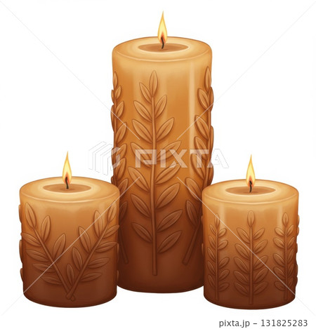 Three Brown Embossed Leaf Candles on White Background 131825283