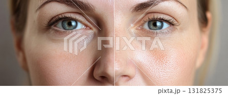 Skincare comparison highlighting the difference in texture and appearance of skin Skincare comparison highlighting the difference in texture and appearance of skin 131825375