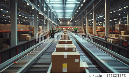 Busy distribution center with workers and packages during daylight hours 131825378